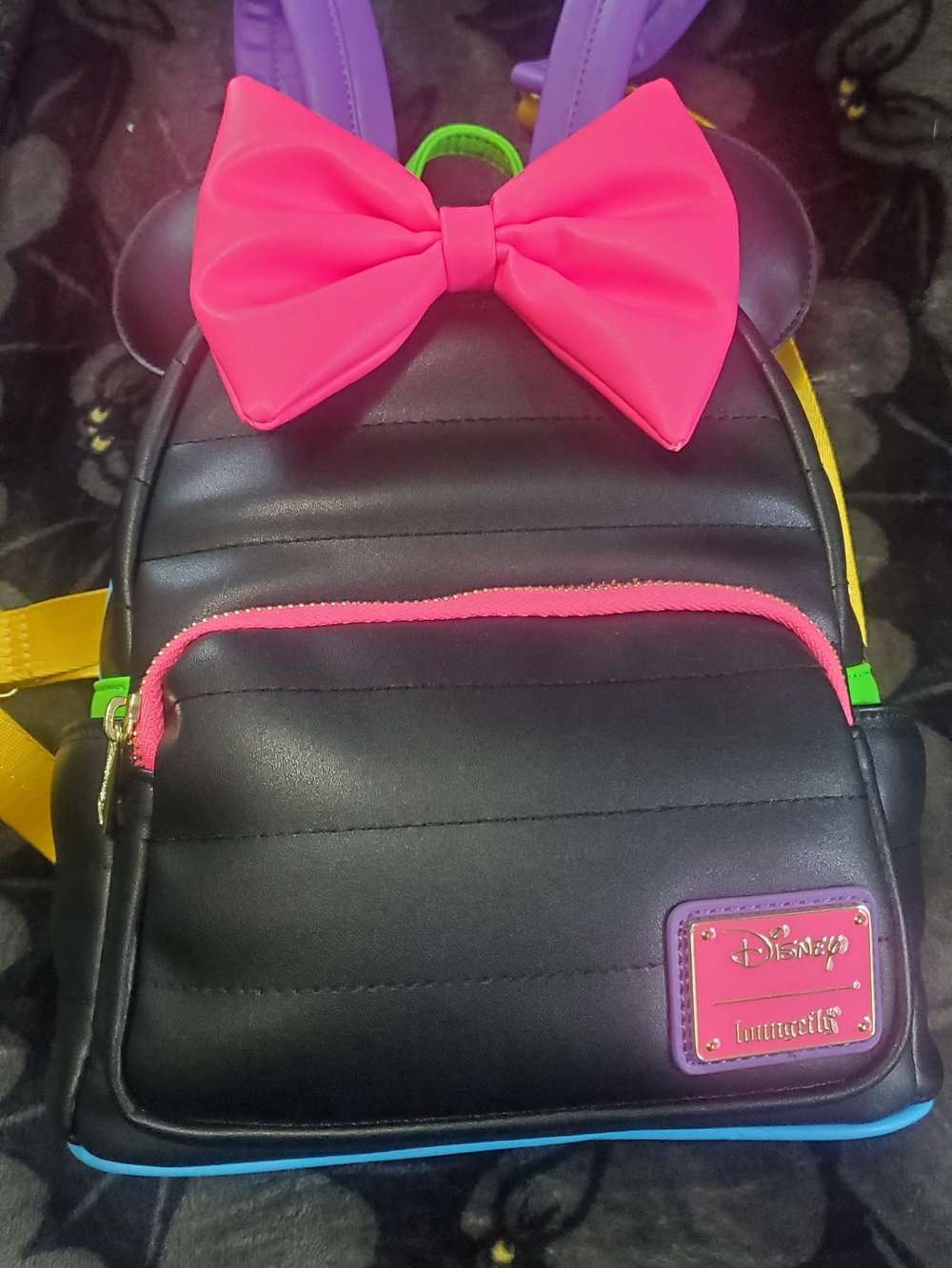 Disney Black Backpack with Neon Pink Bow and Multicolor Accents